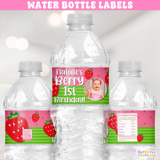 Strawberry Water Bottle Labels | Personalized Berry First Birthday Favors