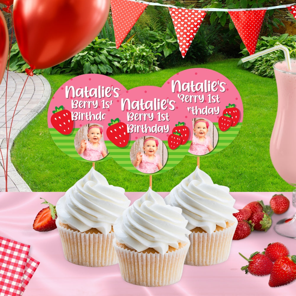 Strawberry Cupcake Toppers | Personalized Berry Sweet Birthday Decor