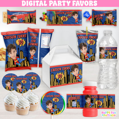 Digital Flying Superhero Party Favors | Printable Snack Bags, Labels & Decorations