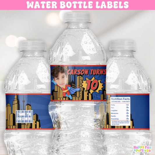 Superhero Water Bottle Labels | Personalized Comic Party Stickers