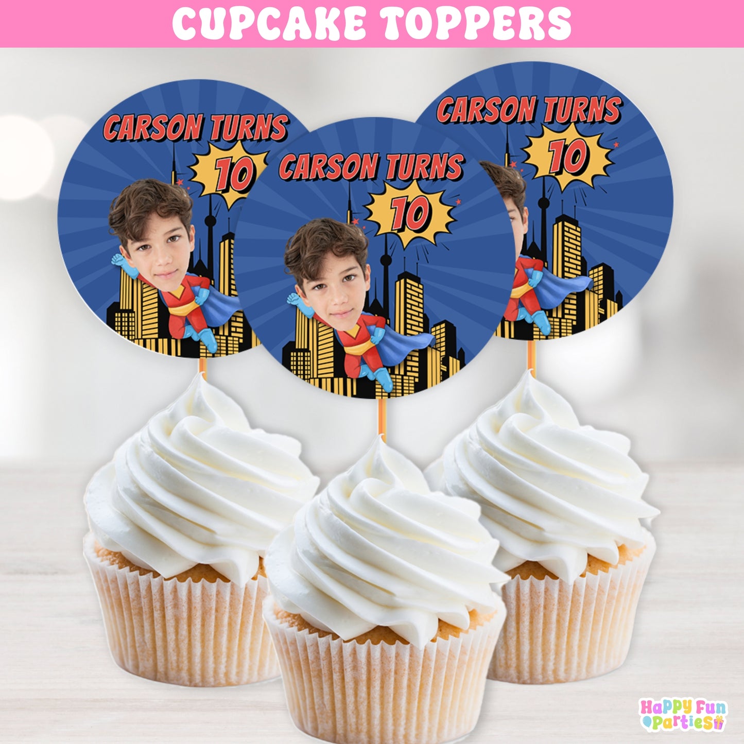 Flying Superhero Cupcake Toppers | Personalized Comic Party Decorations