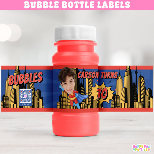 Personalized Flying Superhero Bubble Bottle Labels | Comic Party Stickers