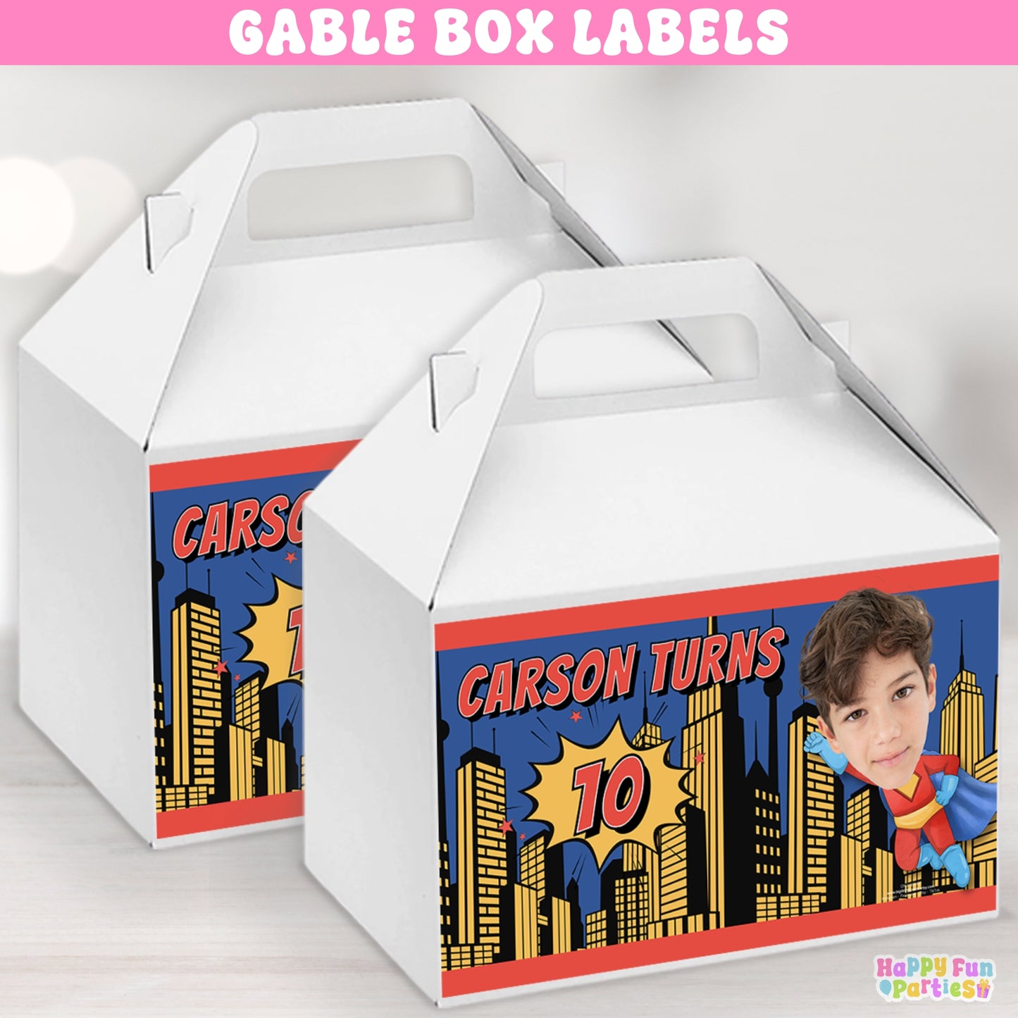 Flying Superhero Gable Box Labels | Personalized Comic Favor Stickers