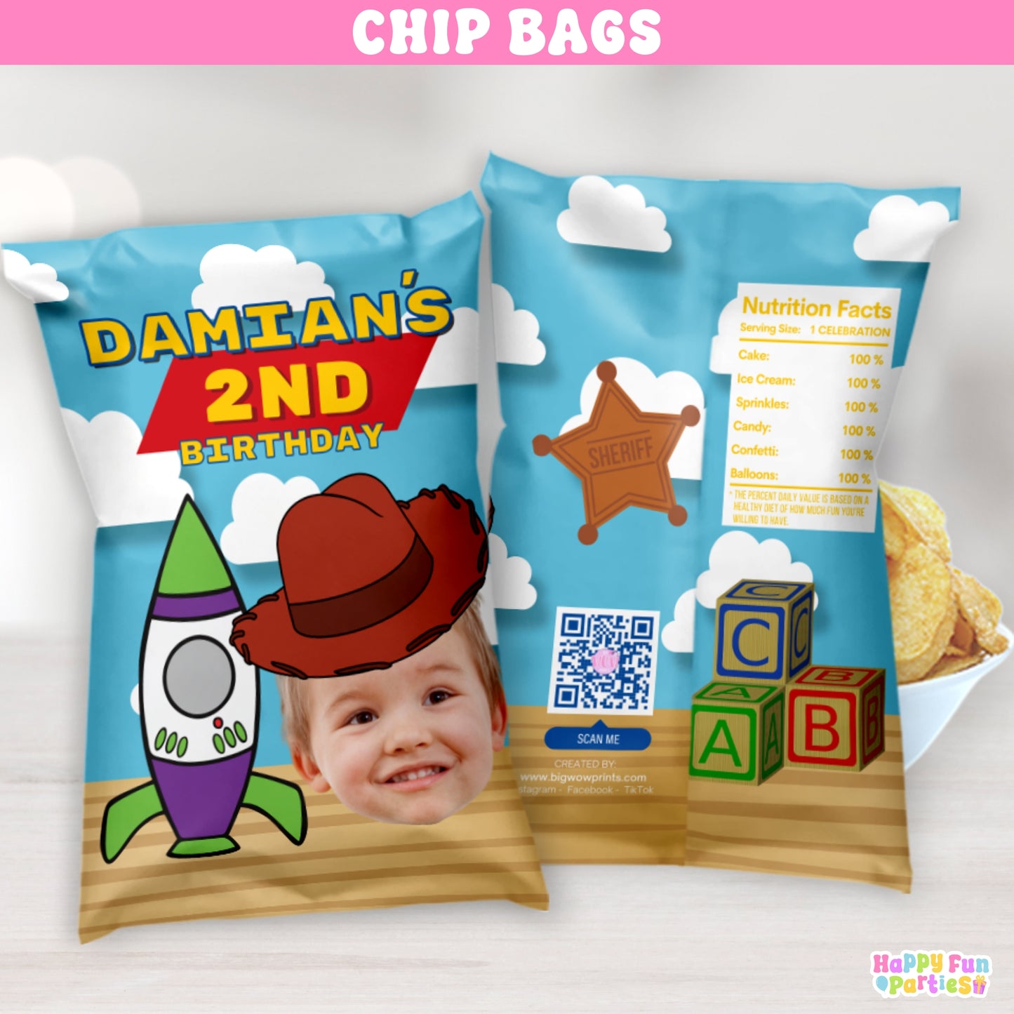 Custom Toy Cartoon Chip Bags | Two Infinity & Beyond Party Favors