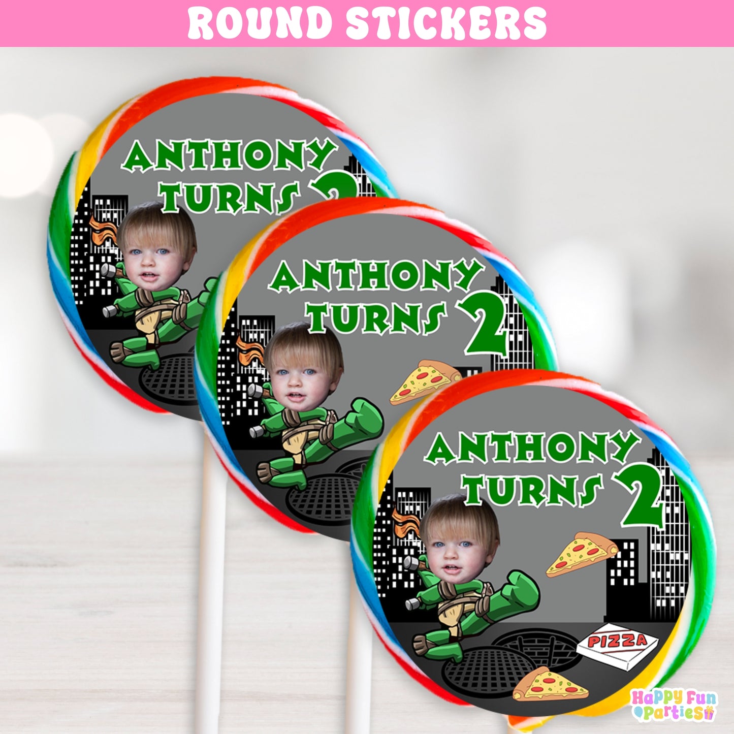 Custom Turtle Lollipop Stickers | Personalized Party Favor Labels | Round Stickers