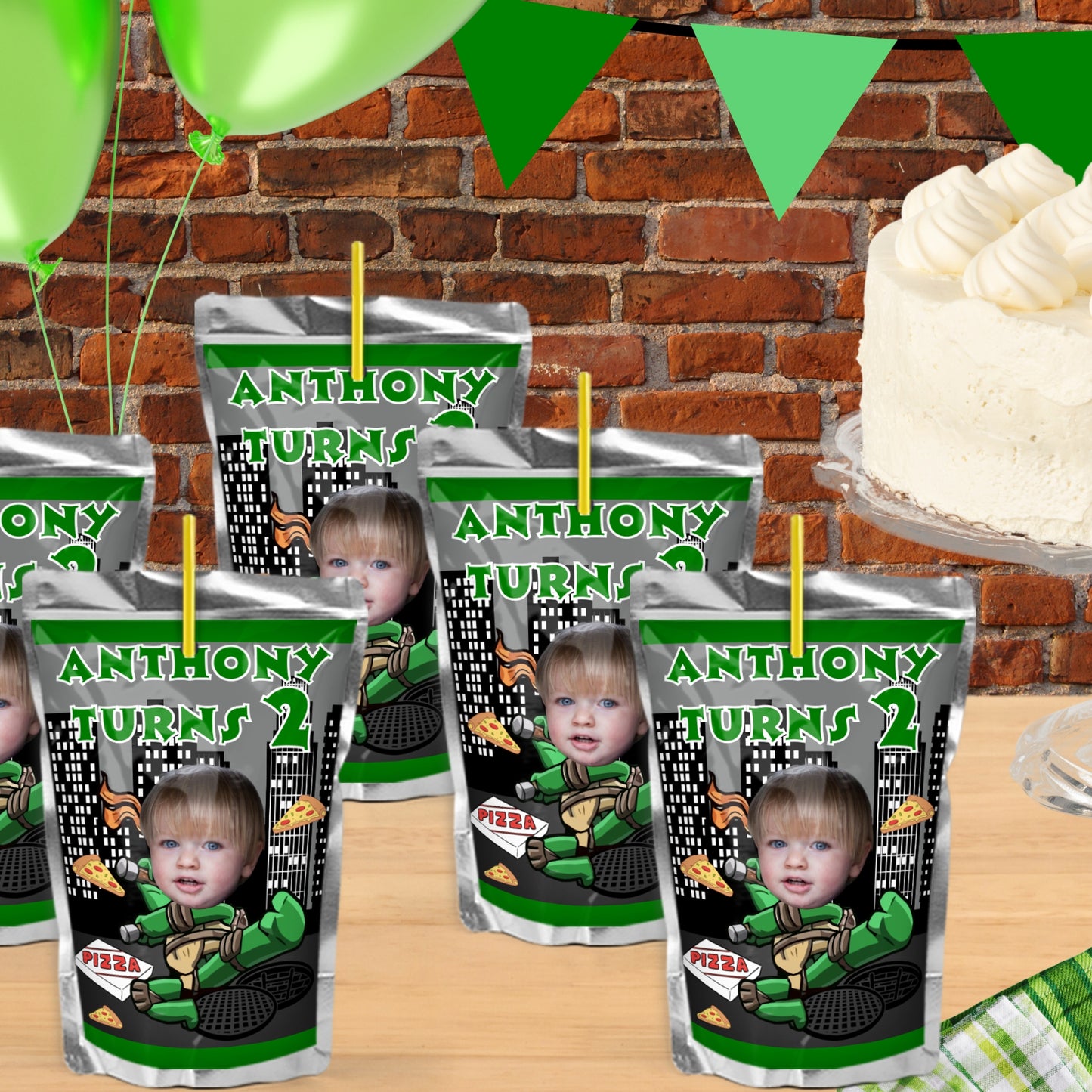 Personalized ninja juice pouch labels with a custom face cutout, name, and age – fun birthday party decor.