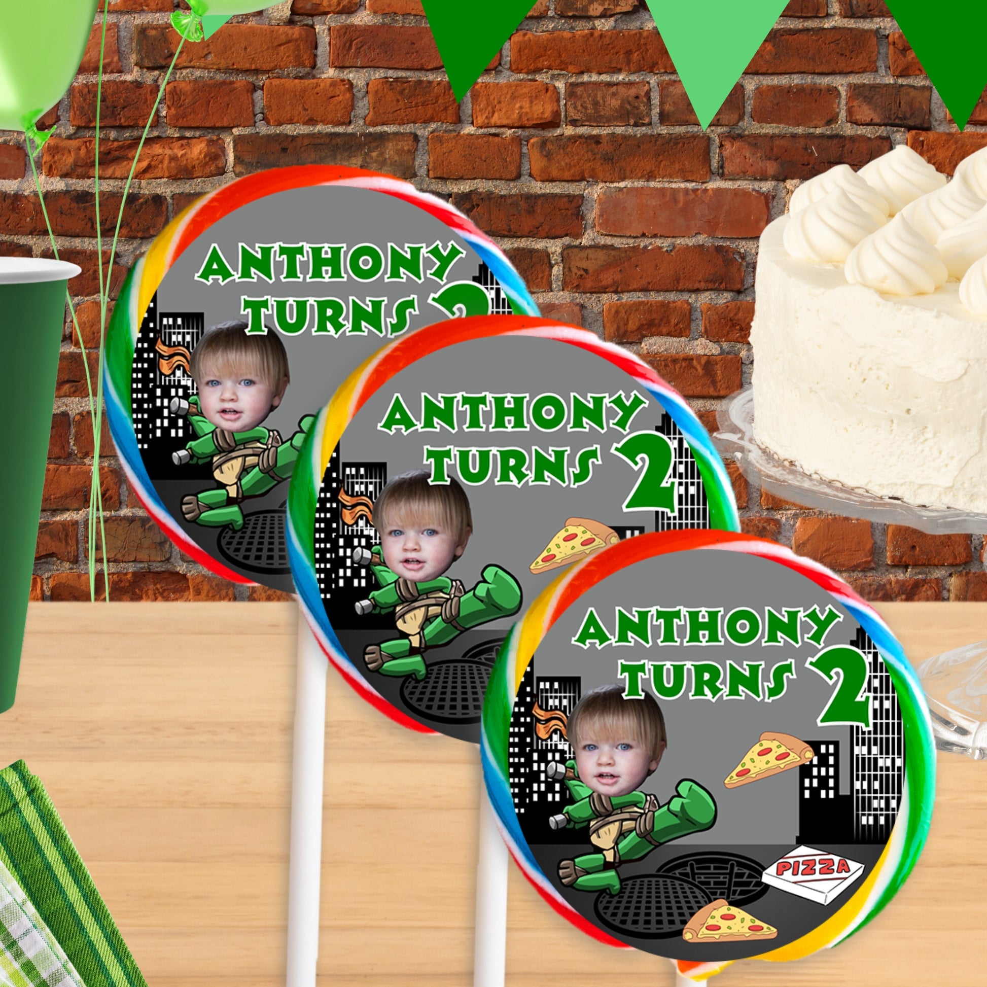 Custom ninja birthday themed inspired round lollipop labels with personalized photo name and age – great for party favors and table decorations.